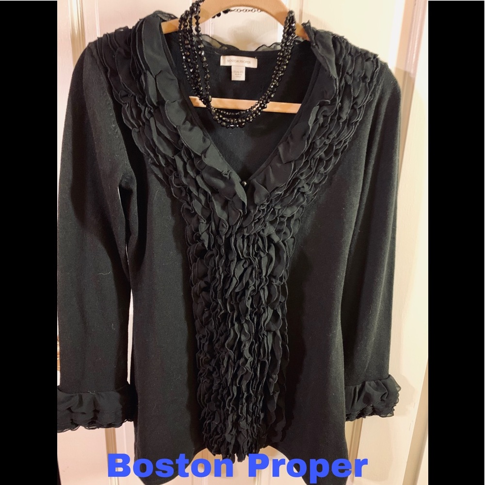 Boston Proper Black Ruffled Front/cuffs Sweater xs